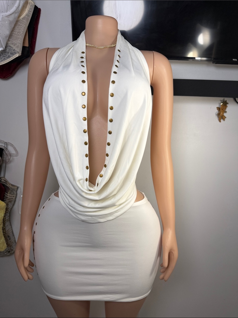 White Drape Halter Mini Dress with Gold Studs